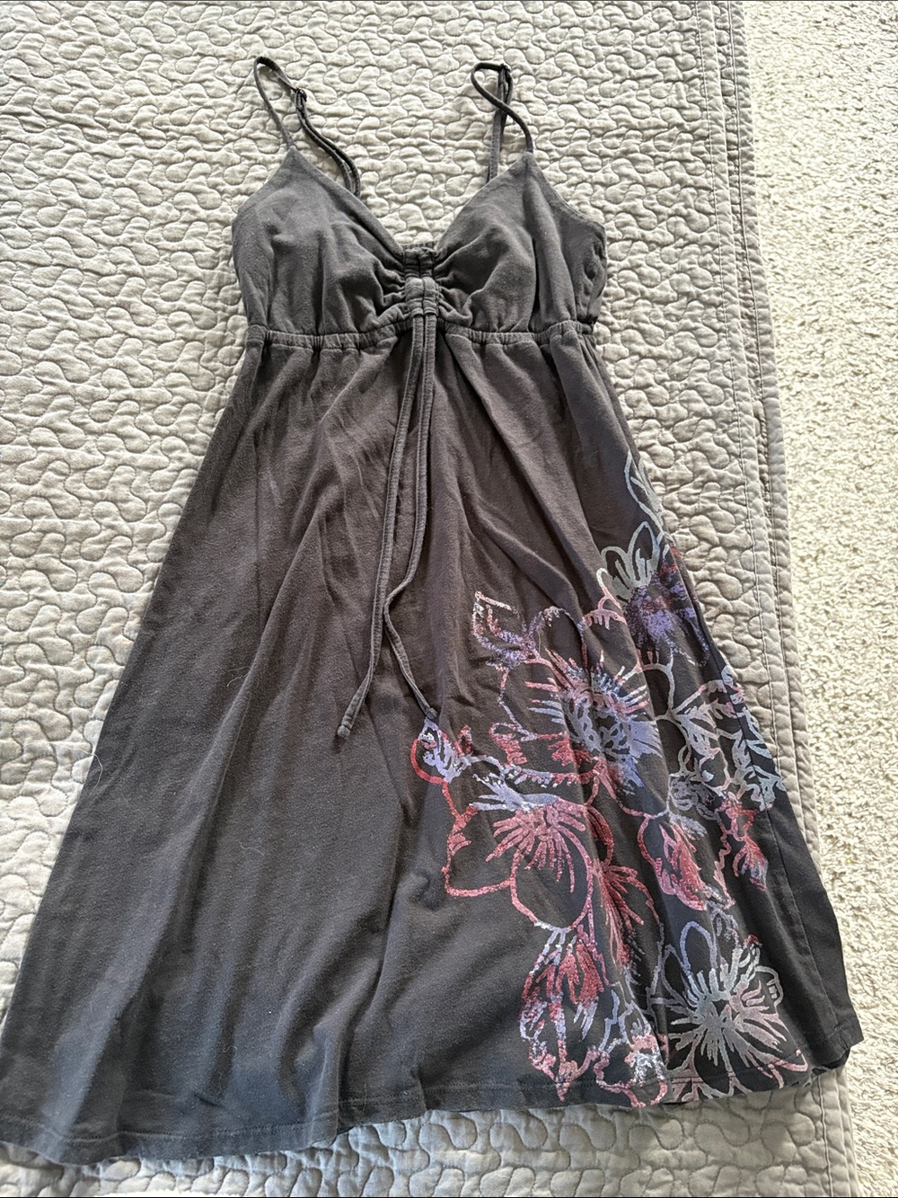 Y2K Black Floral Tie-Front Sundress with Spaghetti Straps